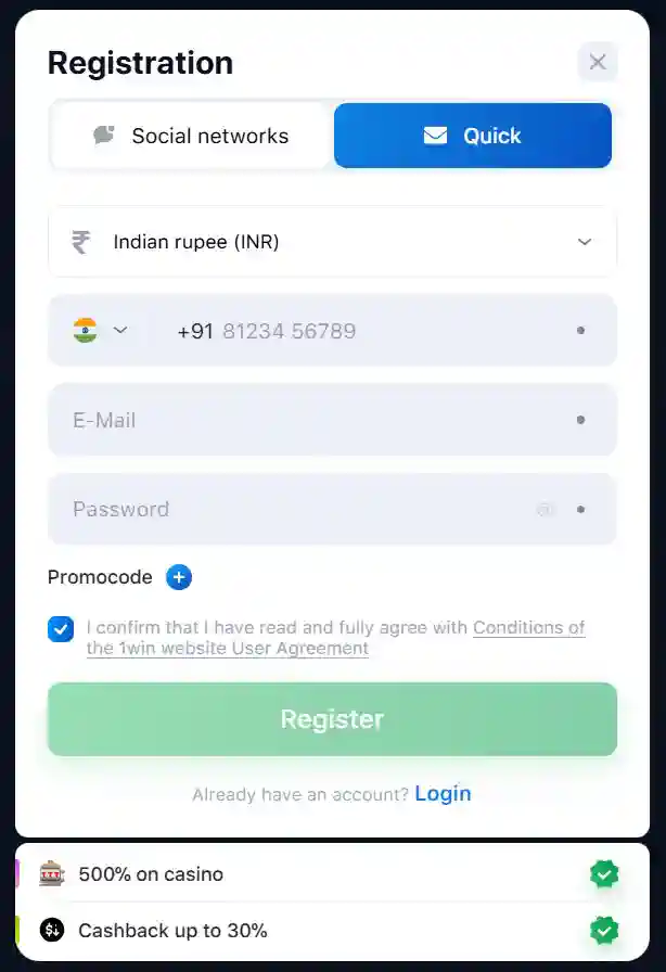 Registration at 1win crypto casino in India 